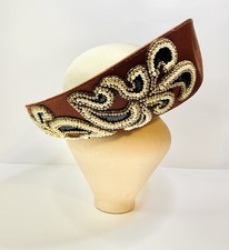 Vintage Fashion Hat Ivory Brown Sequins Derby Church Style Fancy Beautiful