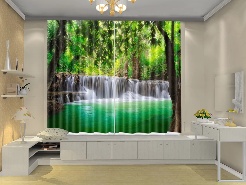 Impresión 3D Cortinas Ventana Mural Cascada Verde Selva Bloqueo Cortinas Tela Foto 3 de 4
