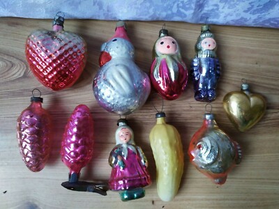 SET 10 Christmas Tree Decoration USSR Glass Vintage Old New Year