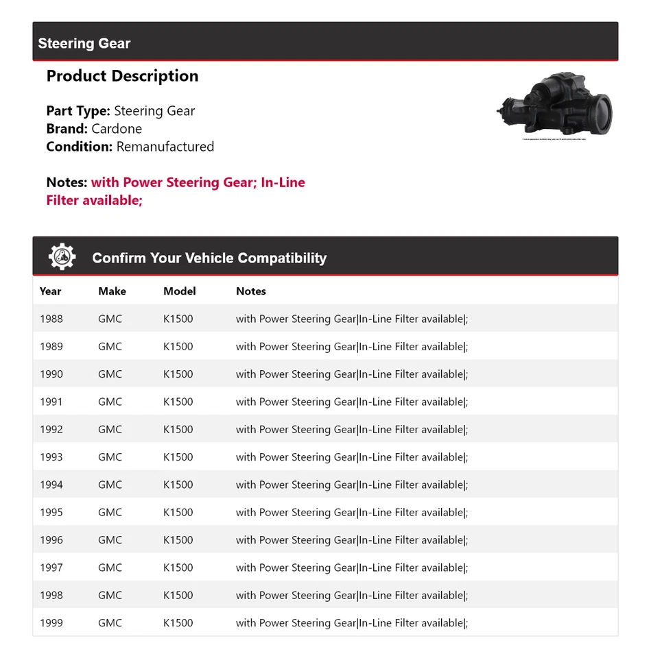 Engranaje de dirección Cardone para GMC K1500 1988-1999 1989 1990 1991 1992 1993 1994 1995 Foto 2 de 4