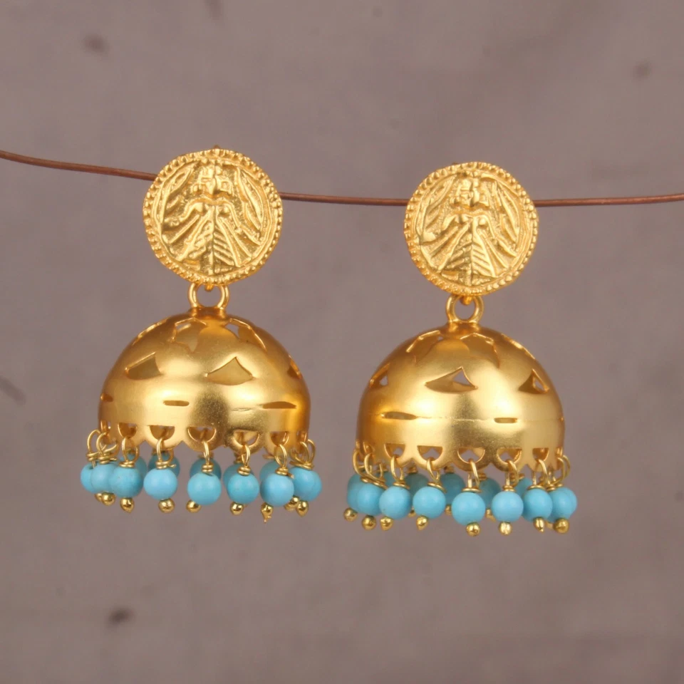 Turquoise Gemstone 925 Silver Gold Plated Wedding Designer Jhumka Earrings - Image 2 of 3