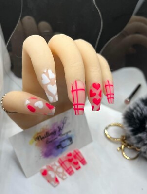 Salon Quality Hand Painted Valentines Day Reusable Glue On Nails