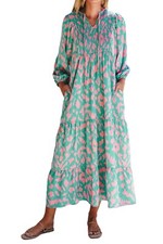 Women's Printed Maxi Dress, Green/Pink, Long Sleeves, Tiered Ruffle Hem, V-Neck