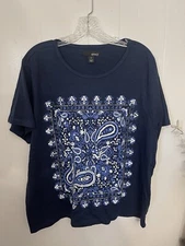 Erika 2X Blue Bandana Stretchy Knit Top Slub Cotton Short Sleeve EUC LKN