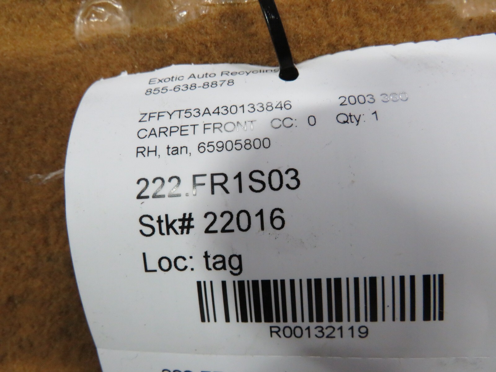 Ferrari 360, Spider, RH, Right, Front Carpet, Used, P/N 65905800
