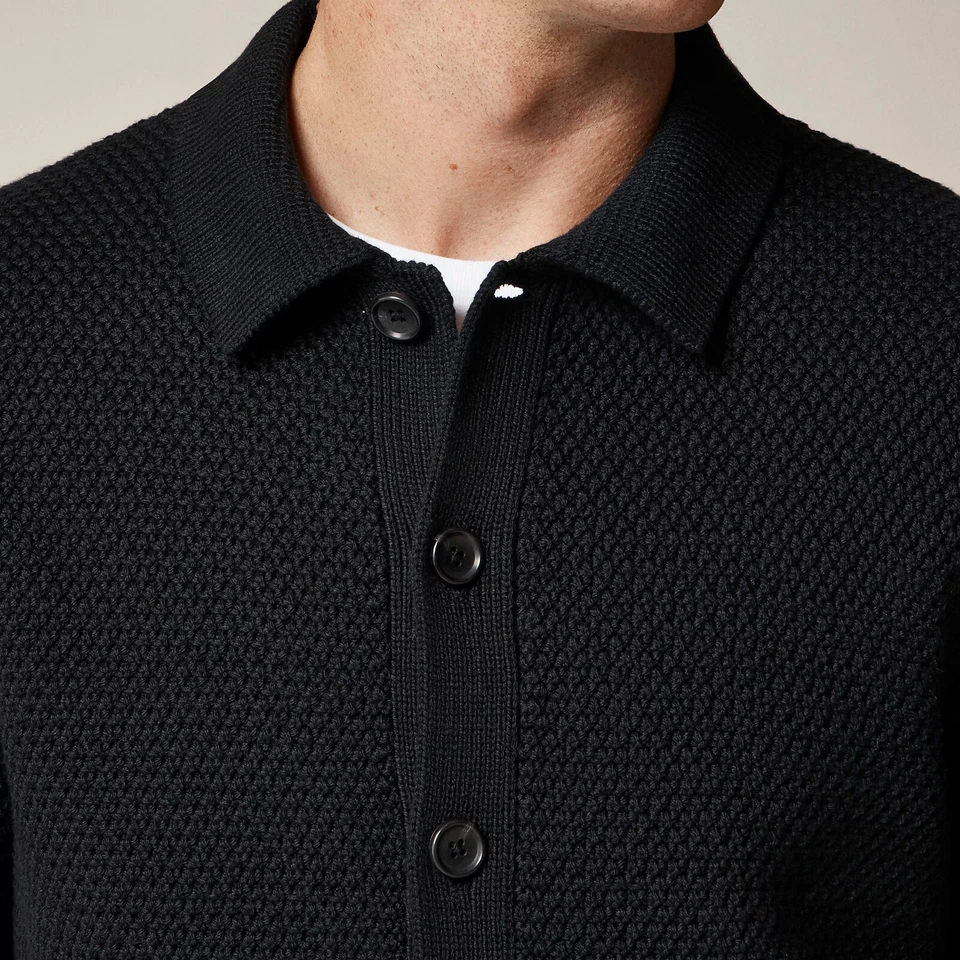 J Crew Cardigan Sweater Mens Black Polo Collar Warm Thick Moss Stitch All Sizes - Image 3 of 4