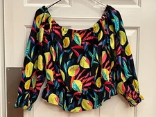 Tabitha Brown Blouse Crop Top Linen Blend Lemon Print Bardot Style ~ Large ~ NWT