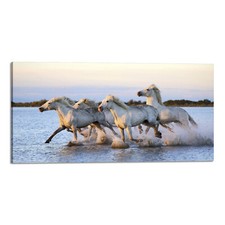 Quadro Stampa su Tela con Telaio in Legno cavalli tramonto