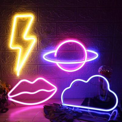 4 Pcs LEDs Decorative Neon Night Signs, Hanging Pink,Purple,Yellow/4 Packs 