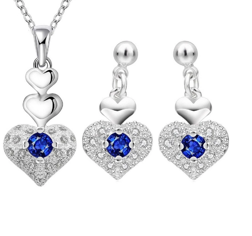 PARURE SET DONNA COLLANA E ORECCHINI CUORE CON ZAFFIRO BLU PLACCATO ARGENTO 925 - Immagine 2 di 2