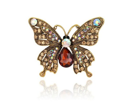 Golden Butterfly Pin w Oil Slick & Burgundy Rhinestones - Picture 8 of 9