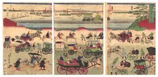 WB Yoshitora Japanese Woodblock Prints Asian Antique Steam Train Horse carriage