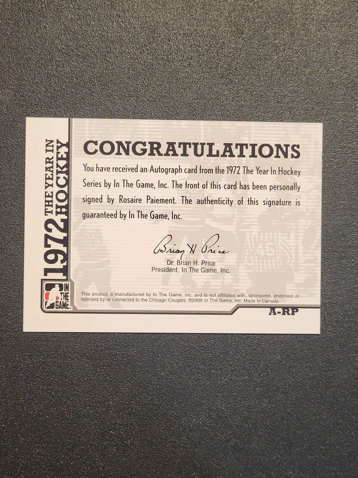 2009-10 ITG 1972 El Año en Hockey Automático Rosaire Paiement #A-RP Automático Foto 2 de 2