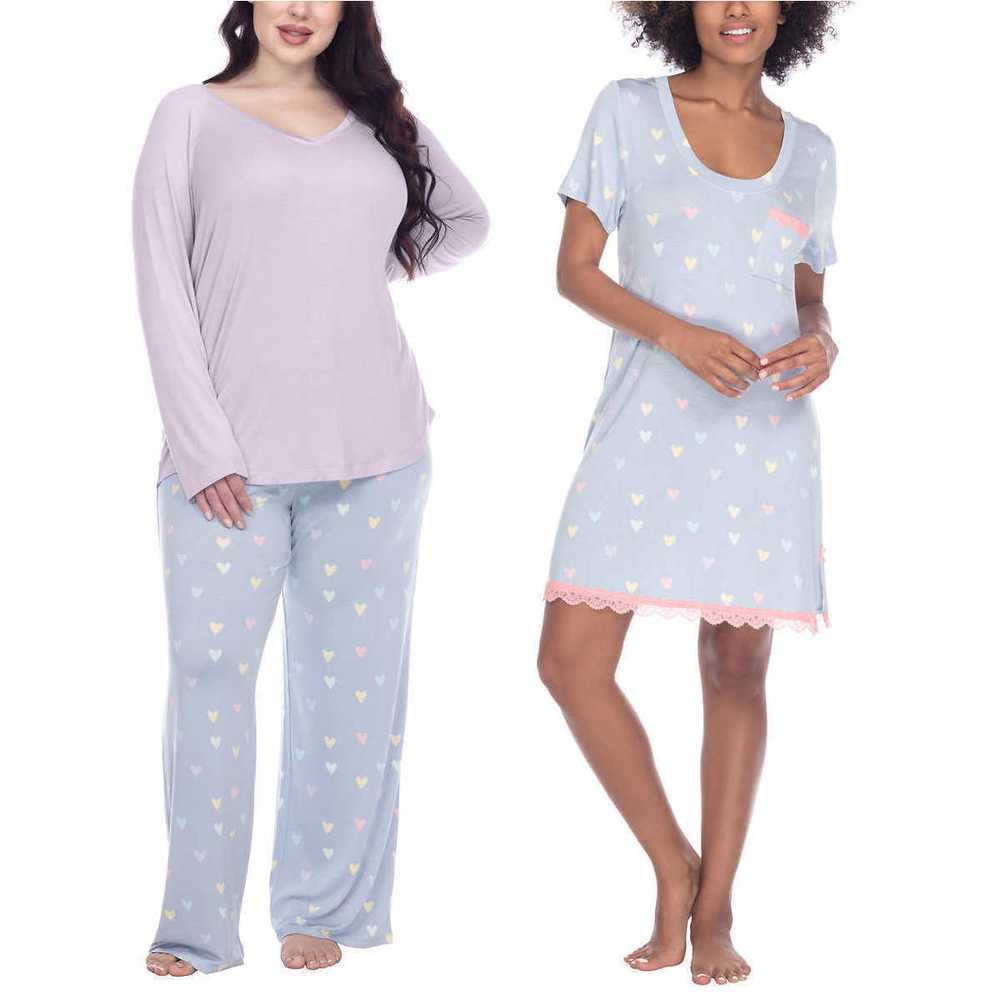 Honeydew Women's 3-Piece Pajama Set Purple Sleep Shirt Pants Hearts M L XL XXL