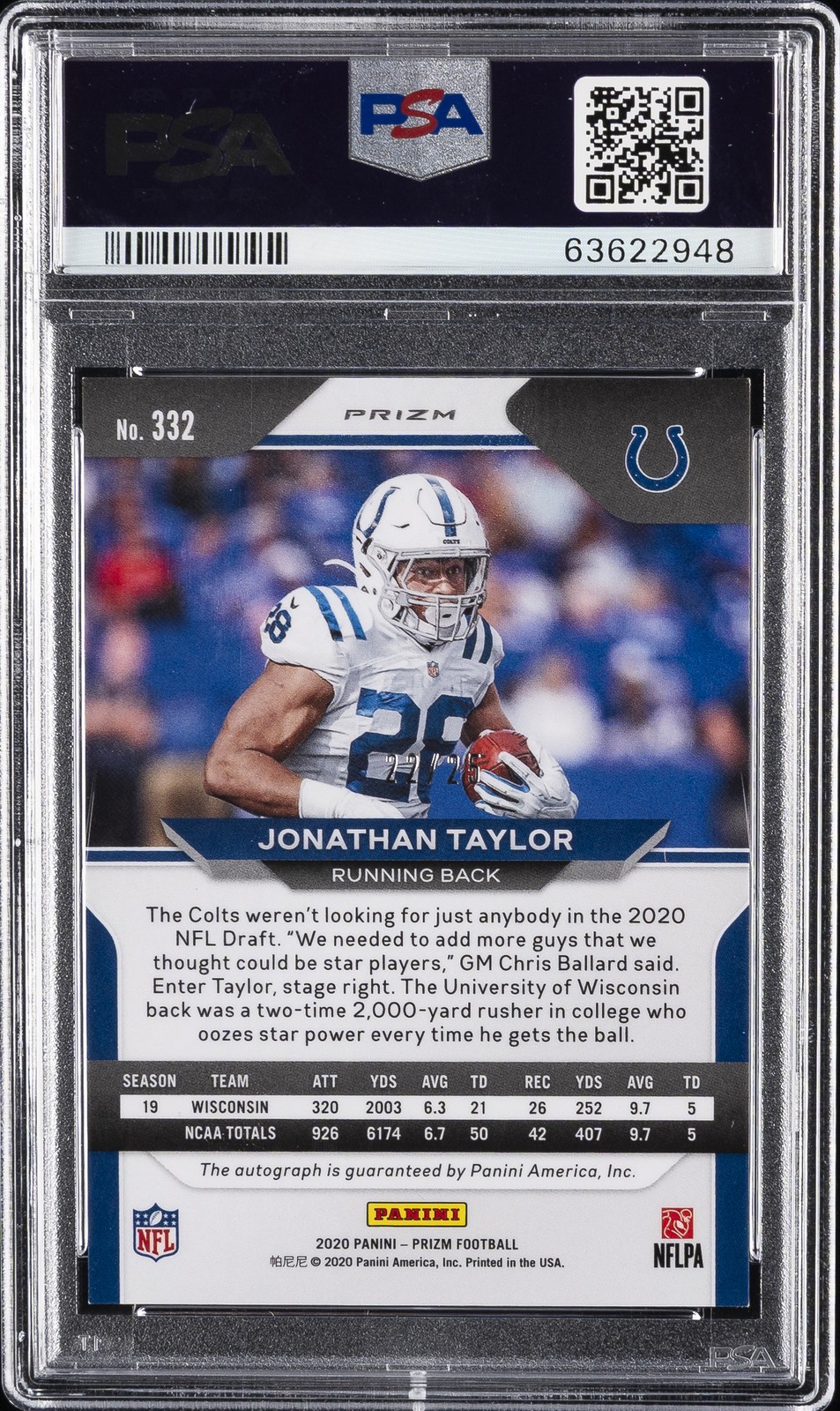 2020 PANINI PRIZM BLUE SHIMMER JONATHAN TAYLOR ROOKIE RC 22/25 PSA 8 AUTO 10 view 2