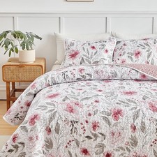 Botanical Quilt Set King Size 3 Pieces, Blush Pink and Grey Flowers Printed Eleg