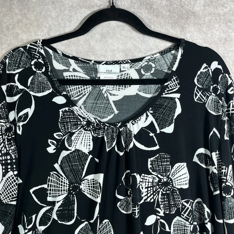 Lo último Top de algodón para mujer XL negro blanco floral cuello redondo mangas 3/4 carrera artística Foto 2 de 4