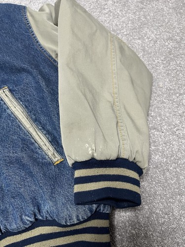 Vintage Wear Guard Bomber Varsity Jacket Blue Denim Tan Snap Up Insulated Large - Picture 3 of 14