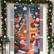 Christmas Decorations Snowman Reindeer Snowflakes Door Cover Banner Gift 71" 35"