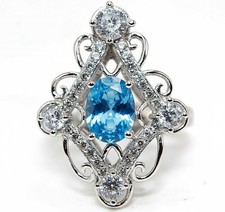 2CT Blue Topaz  White Topaz 925 Solid Genuine Sterling Silver Ring Sz 6 MB5-3