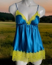 Vtg Victoria's Secret Blue Silky Satin Yellow Lace Spaghetti Strap Babydoll S/P