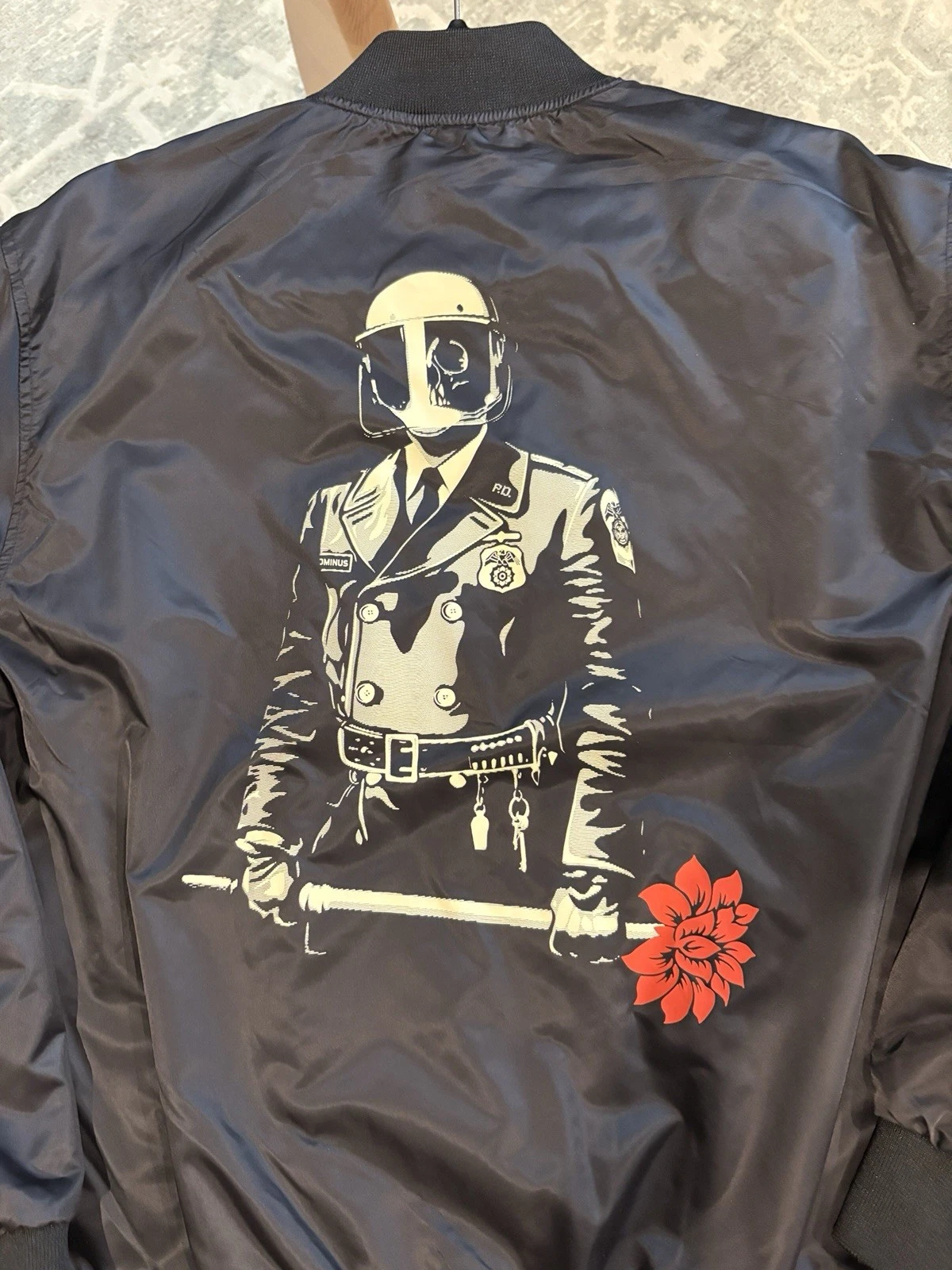 Obey Propaganda No. 89 Satin Bomber Jacket M Black Riot Cop Skull Red Flower - product detail image 1