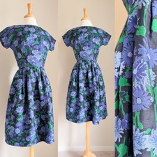 60s Silk Floral Fit & Flare Knee Length 1960s Vintage Feminine Cocktail Dress