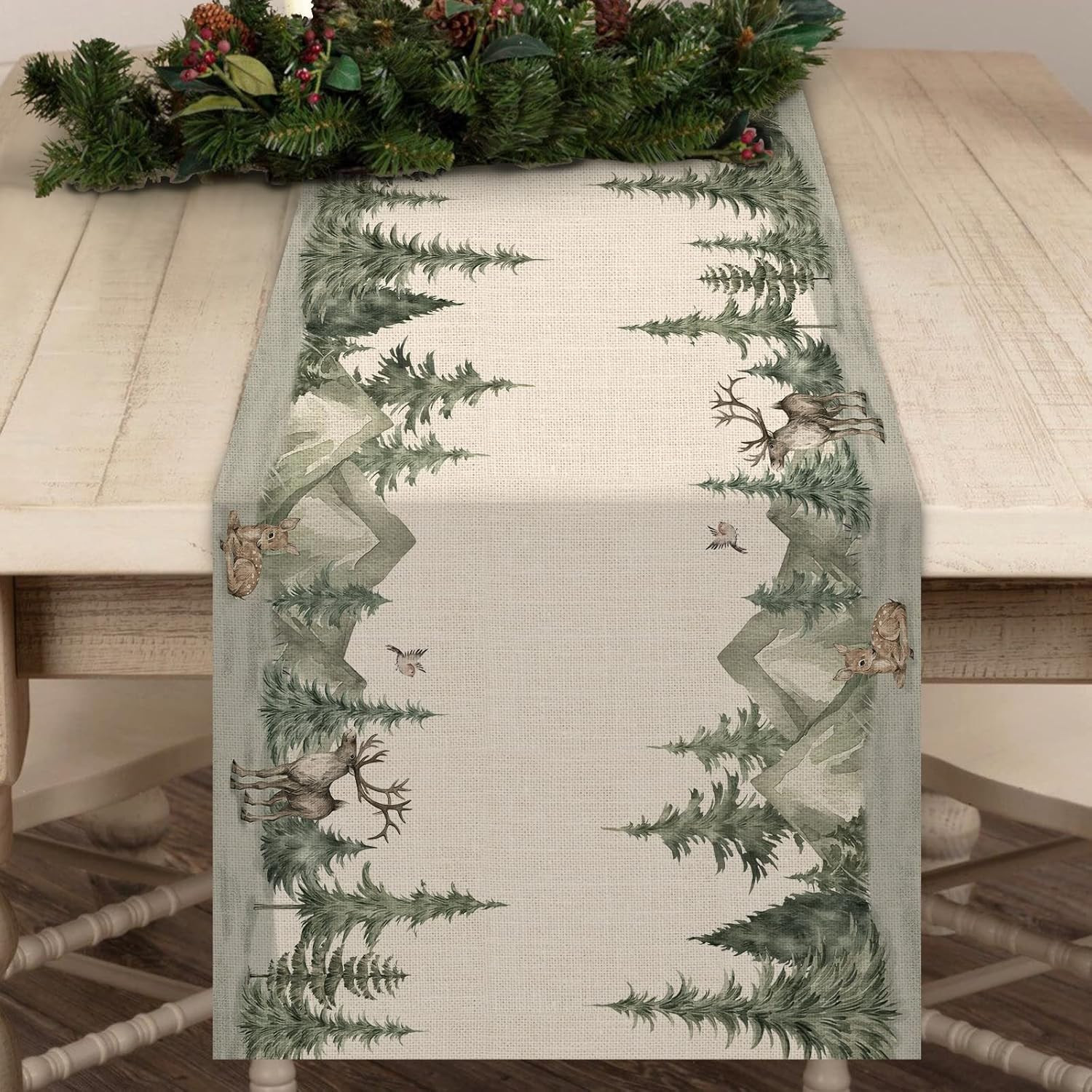 Winter Forest Reindeer Pine Tree Table Runner 13x72 Inch Christmas Holiday Decor