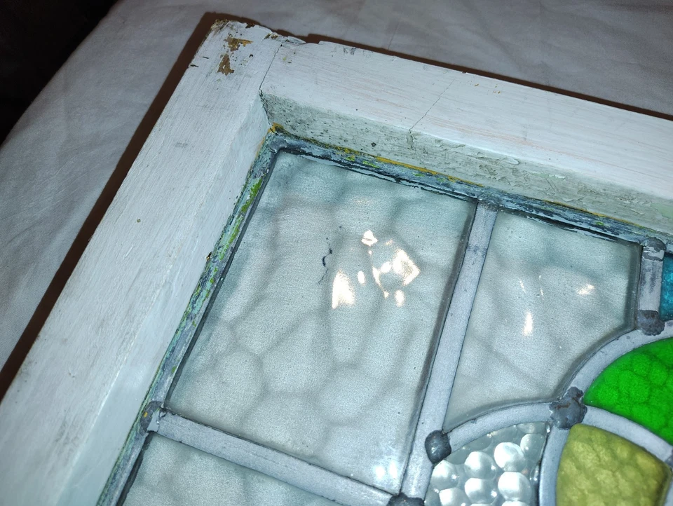 ABSTRACT OLD ENGLISH LEADED STAINED GLASS TRANSOM WINDOW 19" X 11 3/8" - Image 2 of 4