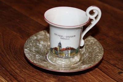 porzellan tasse andenken geyer erzgebirge rathaus souvenir  1940er 1950er jahre