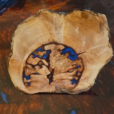 Handmade Wooden Decor Art Piece Blue Resin Inlay Brass Horseshoe Accent 9x8 In