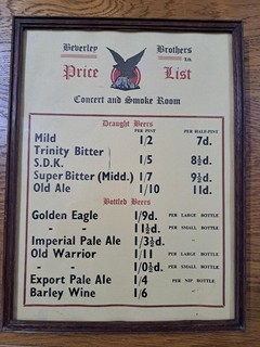 Vintage Framed Beverley Brothers Brewery Price List Concert & Smoke Room Pub