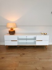 Beautiful White Matt Scandinavian TV Unit, Cabinet with Oak Frame. RRP£320