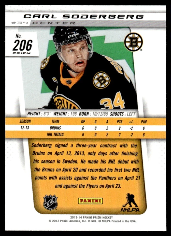 2013-14 Panini Prizm Prizms Blue PULSAR Carl Soderberg Rookie Boston Bruins #206 - Image 2 of 2