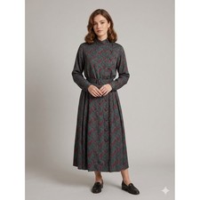 Talbots Paisley Midi Dress Womens 4P Red Green Belted Pleated Mock Neck Vintage