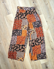 Truth Boho Chic Patchwork Paisley Palazzo Wide Leg Pants Womens Med Orange Brown
