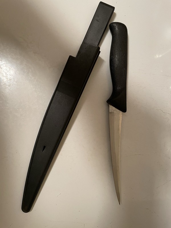 Filet Knife. 6” Blade. Unbranded. Pre-owned. Sheath With Belt Hook. Stainless.