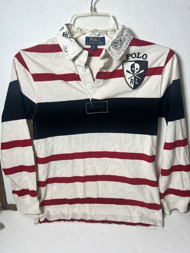 Vintage y2k Polo Ralph Lauren Boys Rugby Shirt Size 8 LS Pony Crest Number. Mm