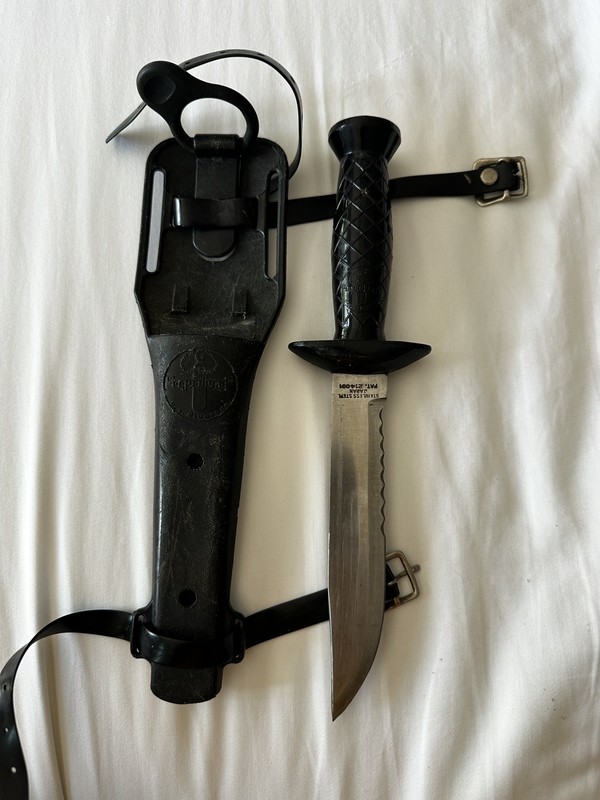 Vintage 1960s Aqua Lung US Divers Knife w/ Sheath, Stainless Steel, Japan 