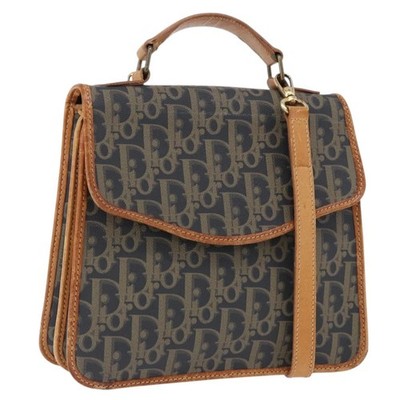 Christian Dior Trotter Canvas Hand Bag PVC 2way Navy Gold Auth 192200