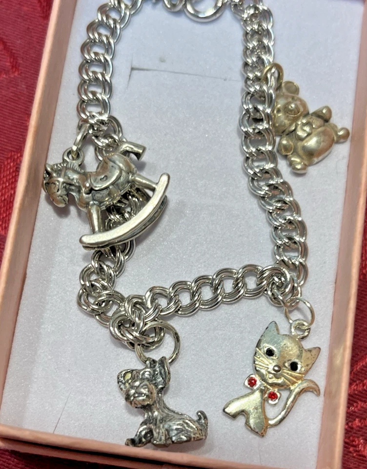 Винтажный браслет из чистого серебра 925 пробы очаровательный мама с ребенком 4 подвески 8,5 дюйма L - Изображение 4 из 4