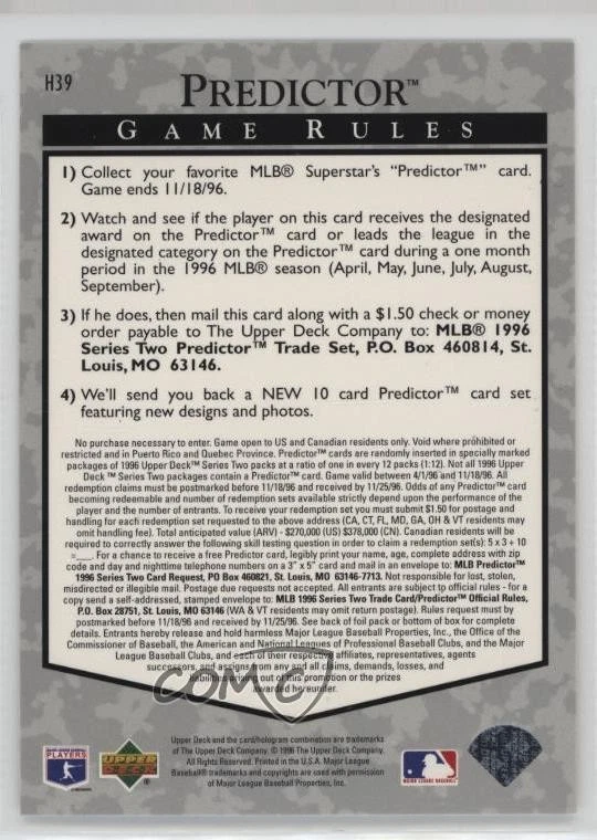 1996 Upper Deck Hobby Predictor Matt Williams #H39 - Image 2 of 2