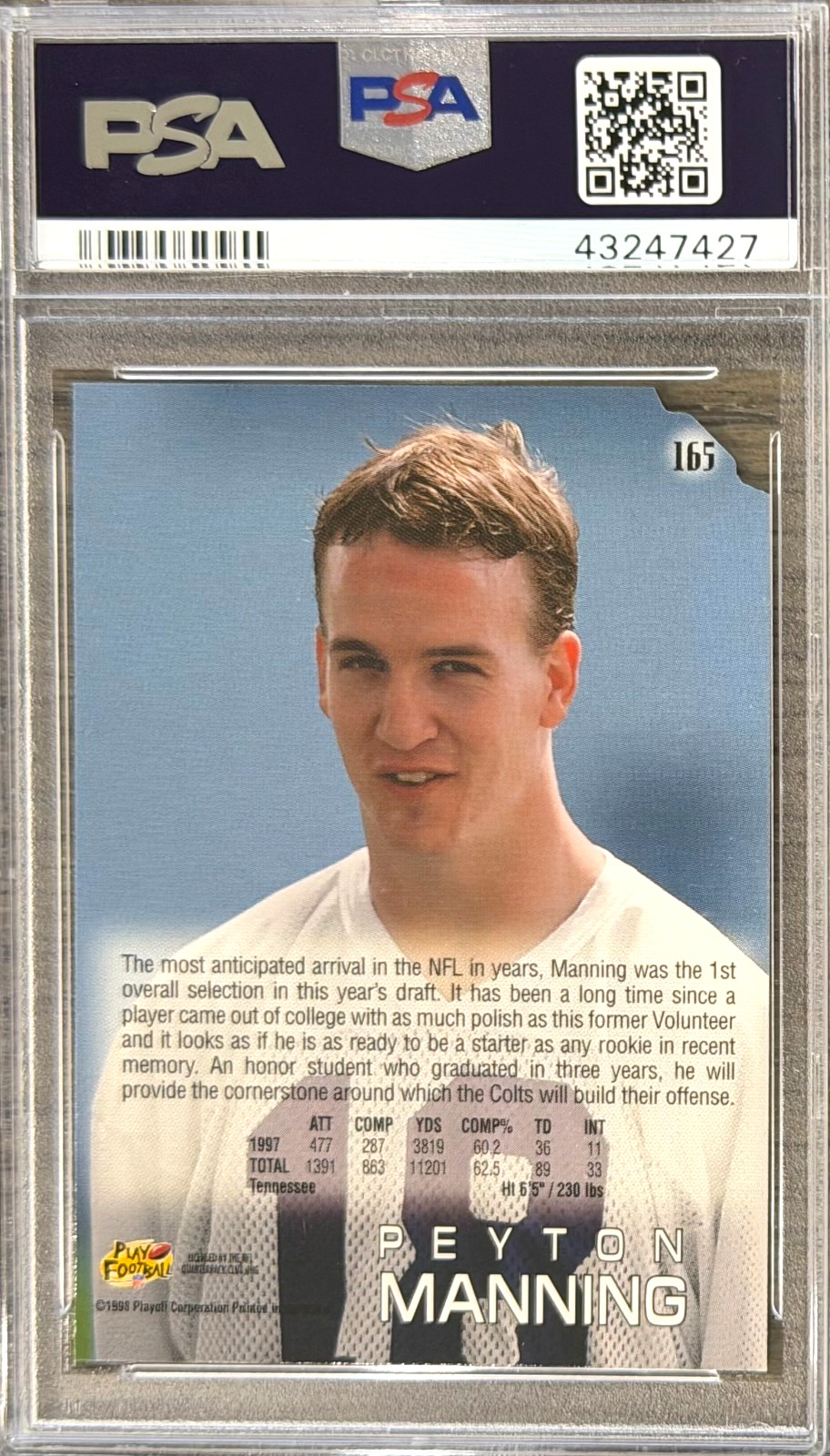 1998 Playoff Peyton Manning #165 PSA 10 GEM MINT (ROOKIE) (LOW POP: 102) view 2