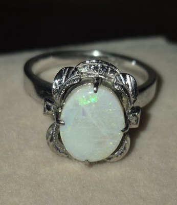 BEAUTIFUL! ANTIQUE 18kt SOLID WHITE GOLD GENUINE NATURAL OPAL RING sz7.25 4.1g 