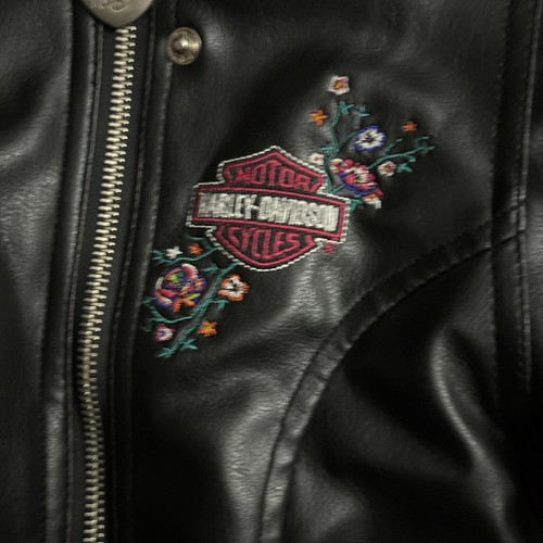 Harley Davidson Leather Jacket Youth Size 6 Black Floral Kids Biker Embroidered - Picture 6 of 14