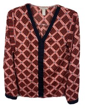 Banana Republic Small Red Black V Neck Long Sleeve Blouse
