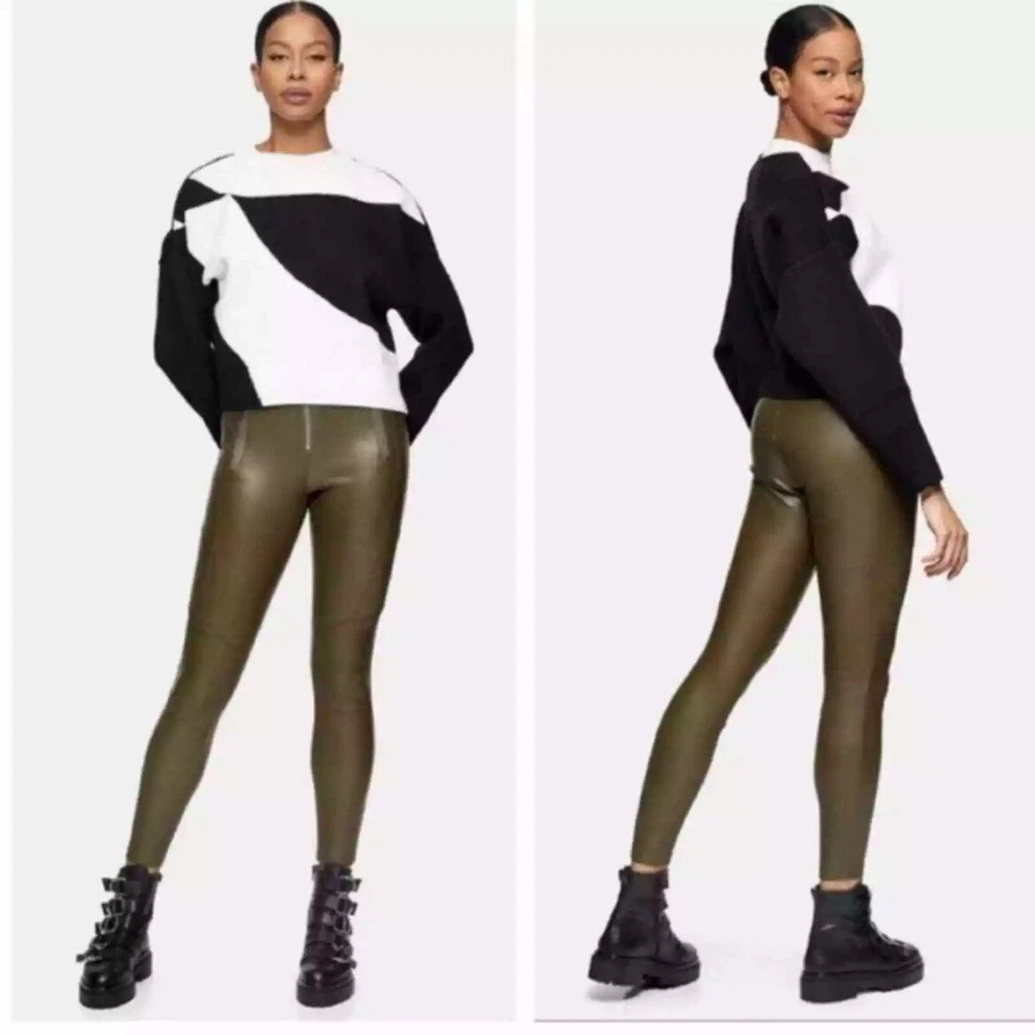 NEW TOPSHOP Fliss Biker Moto Faux Leather Leggings Olive Women's