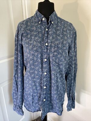 Damenhemd H&M Langarm Jeansblau-weiß Blumenmuster Größe L