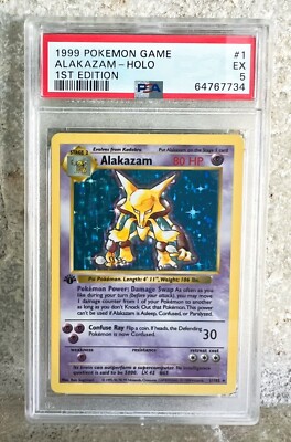 1999 Pokemon Base Set 1st Edition Alakazam Holo #1/102 PSA 5 EX - Very Clean!