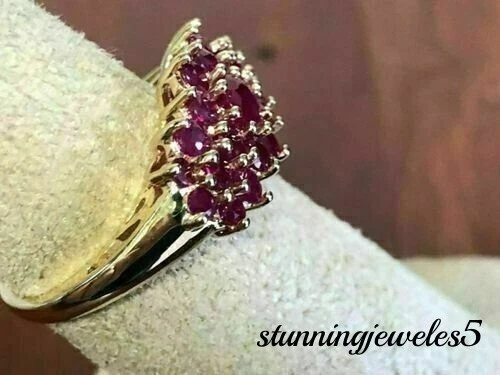 14K Yellow Gold Finish 2.55CT Round Cut Real Red Ruby Wedding Cluster Ring Gift - Image 3 of 4